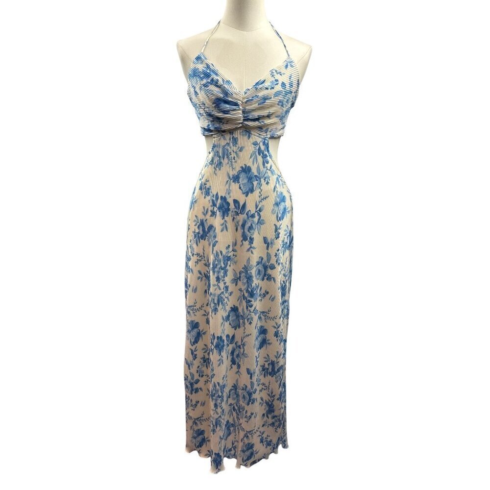 Women’s Endless Blu Medium White Backless Sleeveless Maxi Dress with Blue Floral